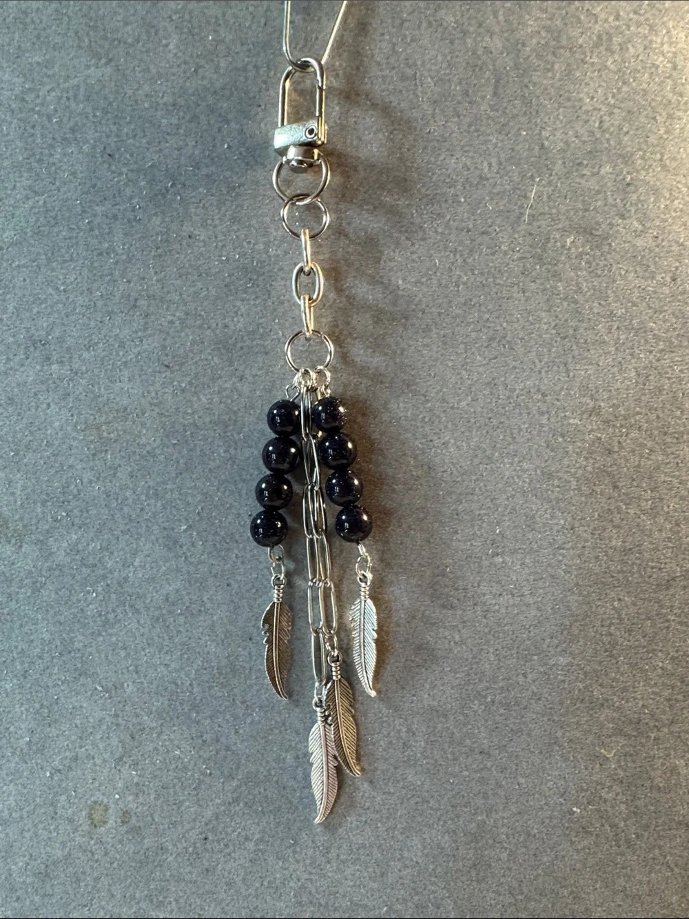 SilverTone  Feather Charm Drop Key or purse Charm with Black Beads